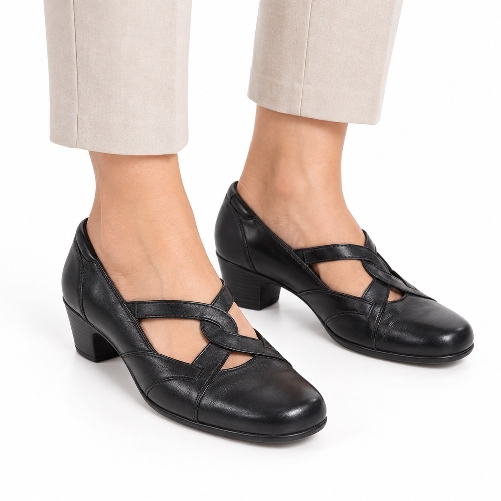 Clarks Black Leather Crossover Strap Mary Jane Low Heel Pumps Women's Size 9.5M